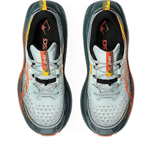 Asics Trabuco Max 4 trail running shoe with a green and orange color scheme, featuring a trail-specific design and cushioning technology.