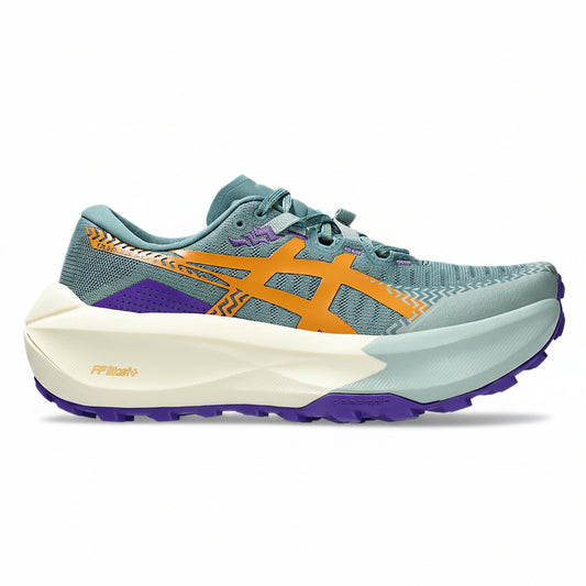 Multicolored running shoe with orange and purple accents on a white background