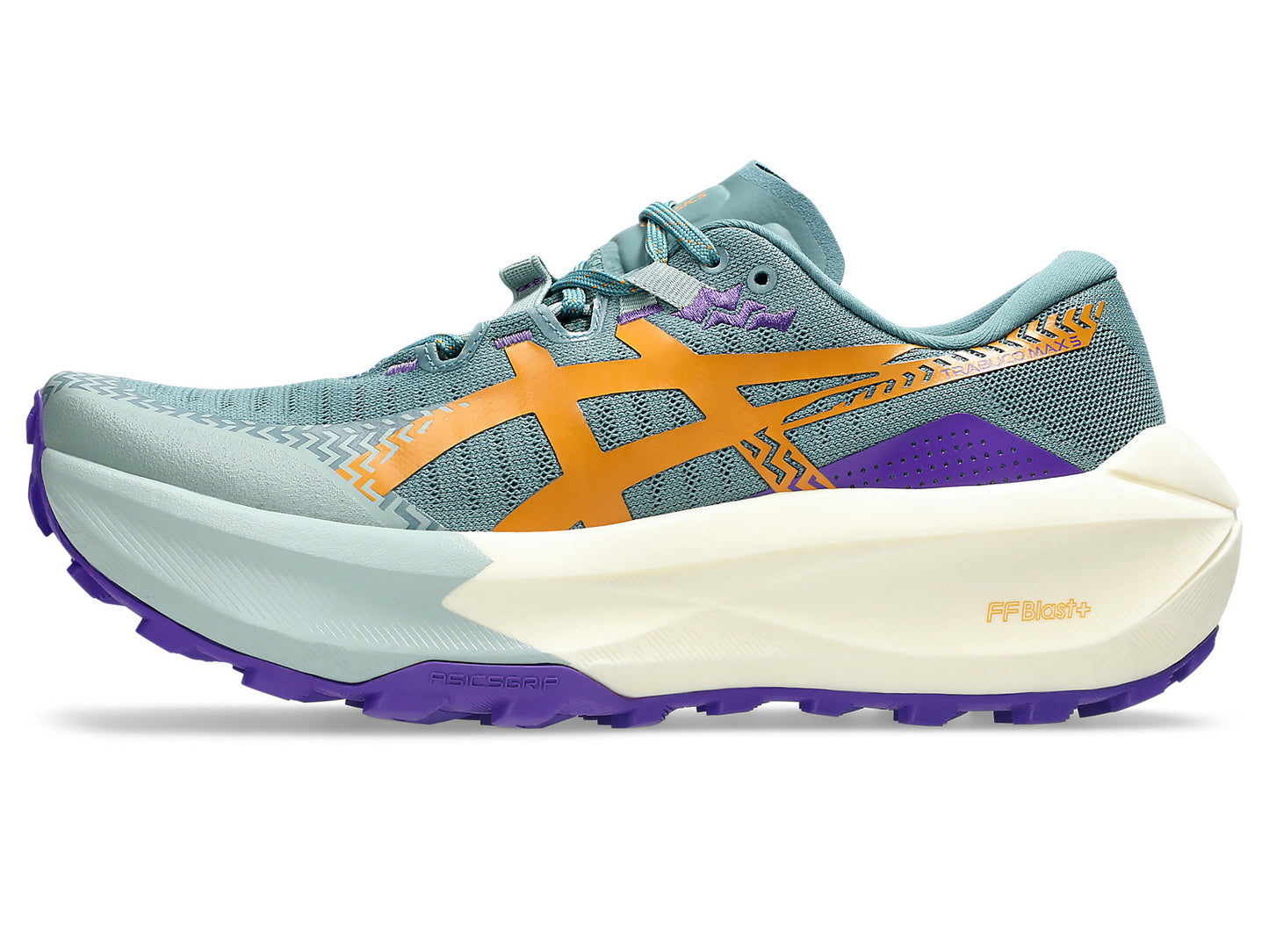 A single ASICS running shoe shown in a side profile view against a plain white background. The shoe features a light teal-blue mesh upper with a prominent orange ASICS stripe, purple accents on the heel and outsole, and a thick cream-colored midsole.