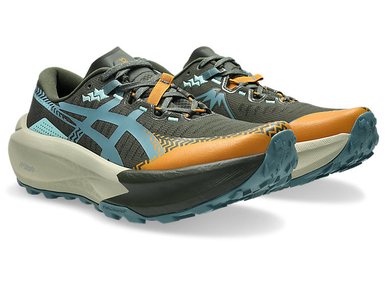 A pair of Asics trail running shoes in dark gray and black with light blue and orange accents, shown on a clean white background.