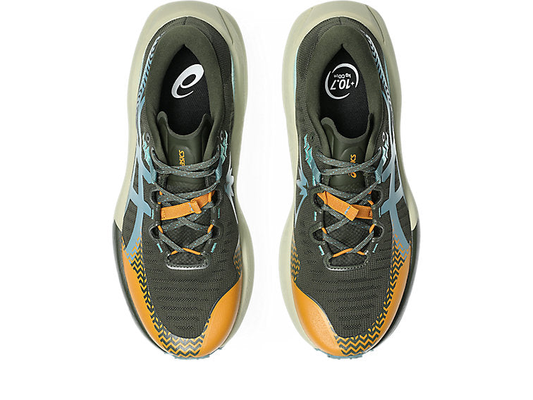 A pair of Asics running shoes shown from a top-down view on a white background. The shoes feature a dark gray mesh upper with teal and orange accents, a light gray and white midsole, and a patterned orange and gray toe cap.