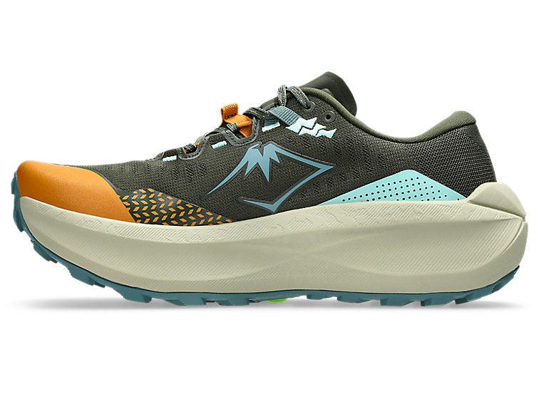 A single athletic running shoe shown in a side profile on a white background. The shoe features a dark gray mesh upper with a prominent light blue mountain logo, a bright orange toe cap and lace detail, a light blue perforated heel accent, and a thick cream-colored midsole.