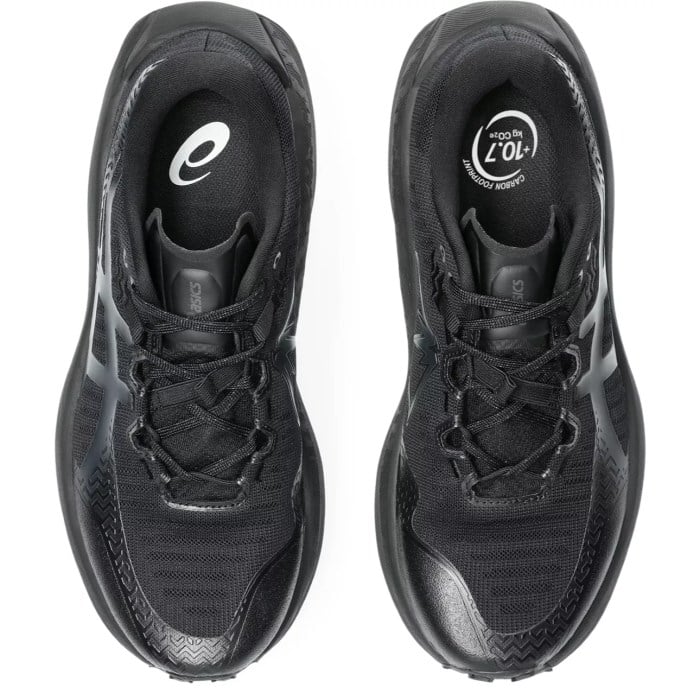 Black running shoes with brand logos on a white background