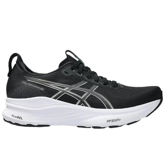 Black running shoe with white sole on a white background