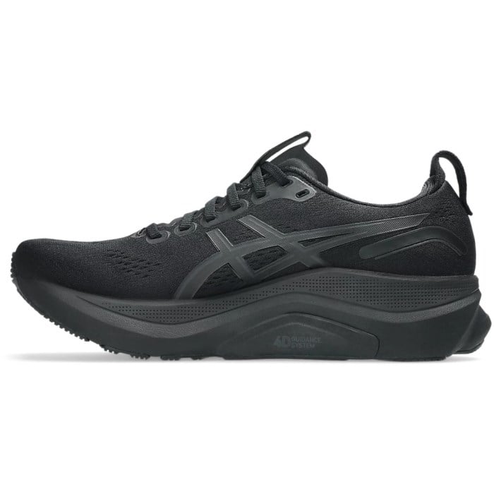 Black running shoe with gray accents on a white background