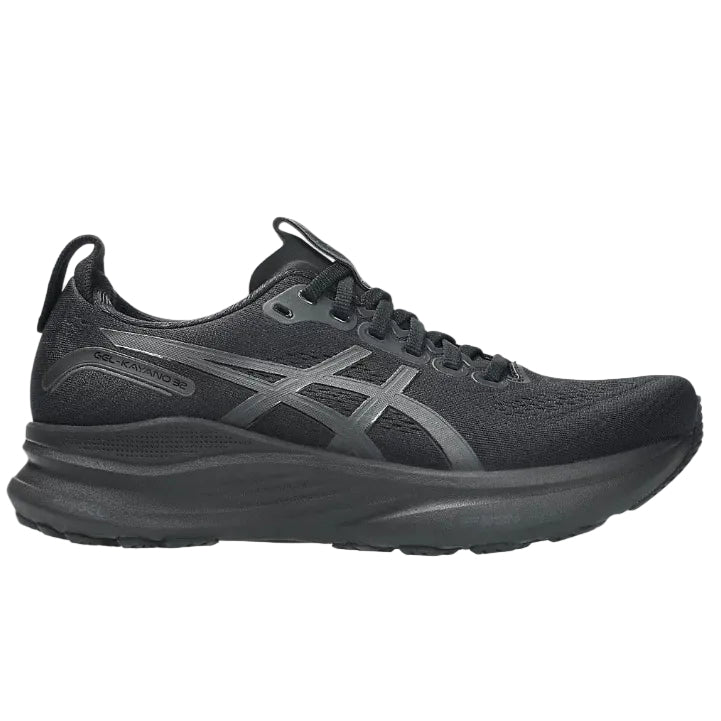 Black running shoe with gray accents on a white background