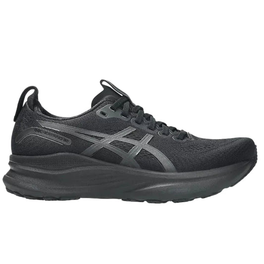 Black running shoe with gray accents on a white background