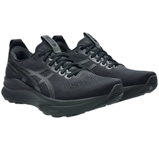 Black running shoes with gray accents on a white background