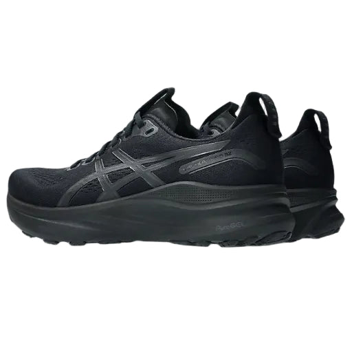 Black running shoe with gray accents on a white background