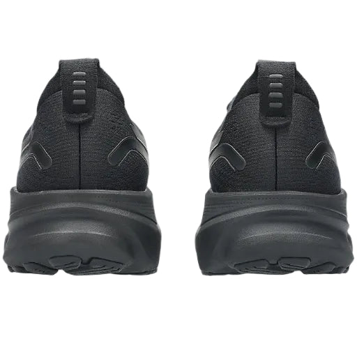 Black athletic shoes shown from the back on a white background
