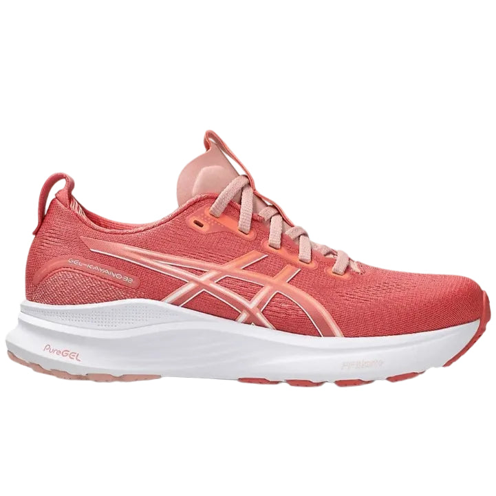 Pink running shoe with white sole on a white background