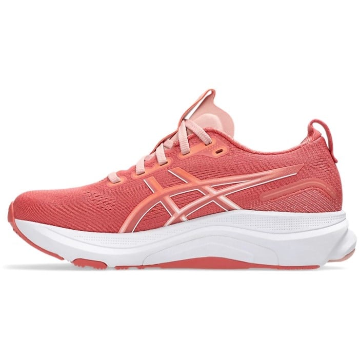 Coral running shoe with white sole on a white background