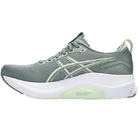 Gray running shoe with white sole on a white background
