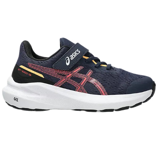 Navy running shoe with red and yellow accents on a white background