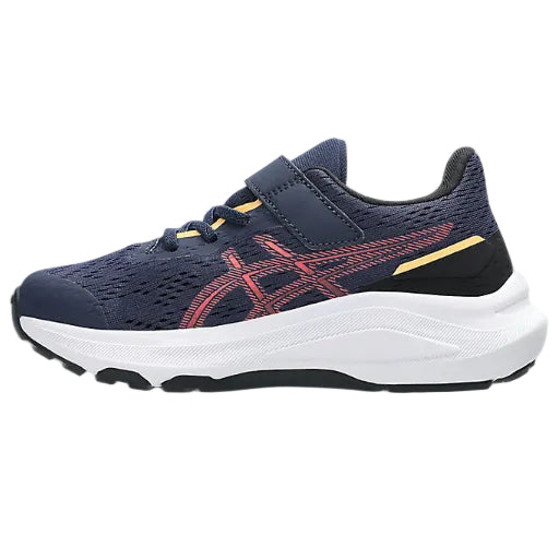 Navy running shoe with red accents on a white background