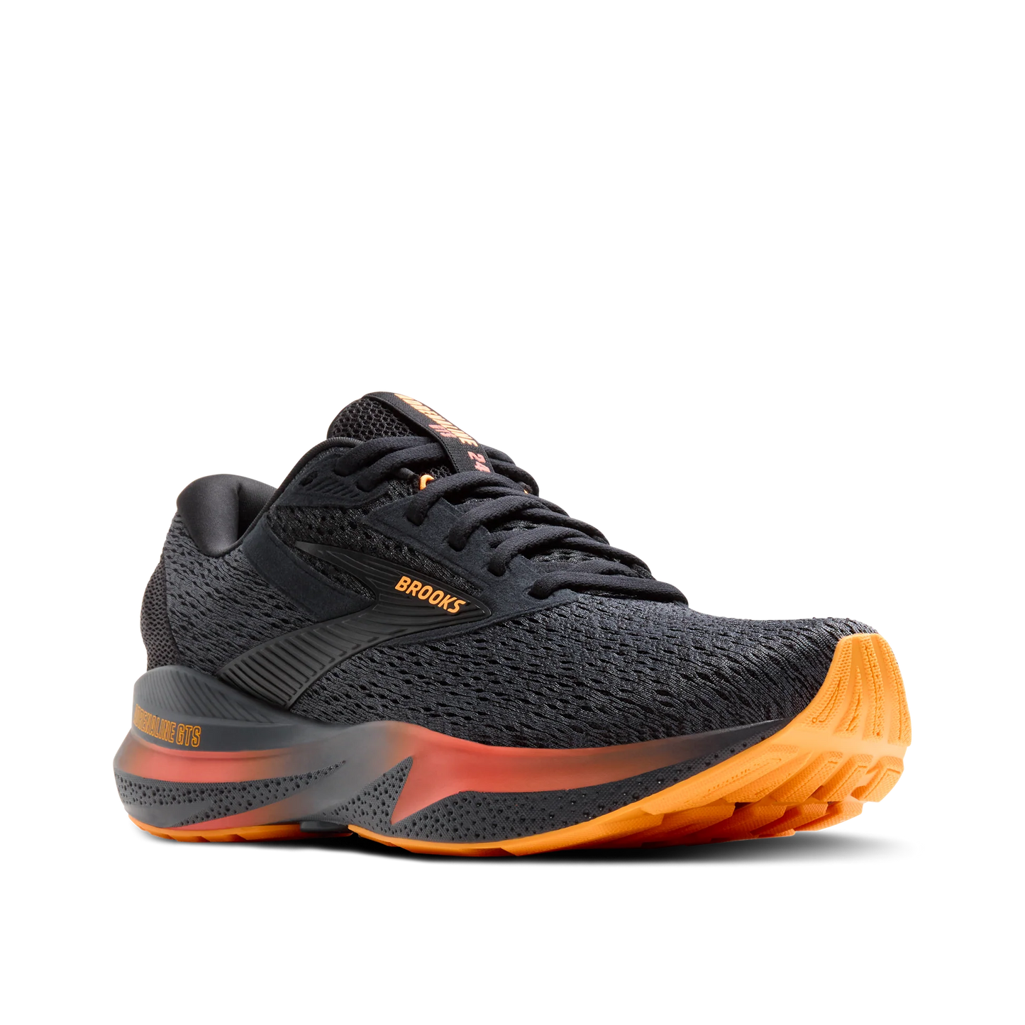 Black running shoe with orange sole on a white background