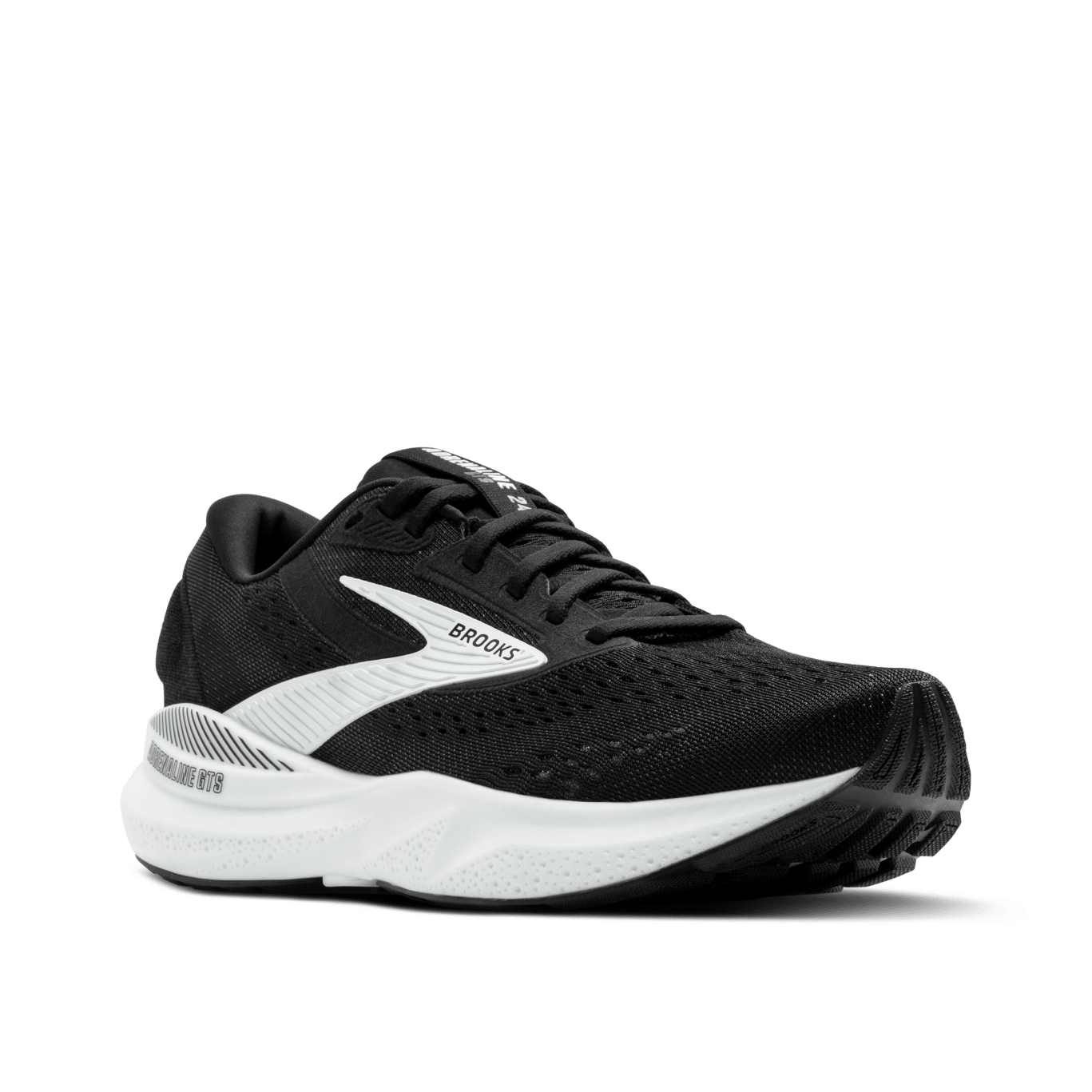 Black and white running shoe with 'Brooks' branding on a transparent background