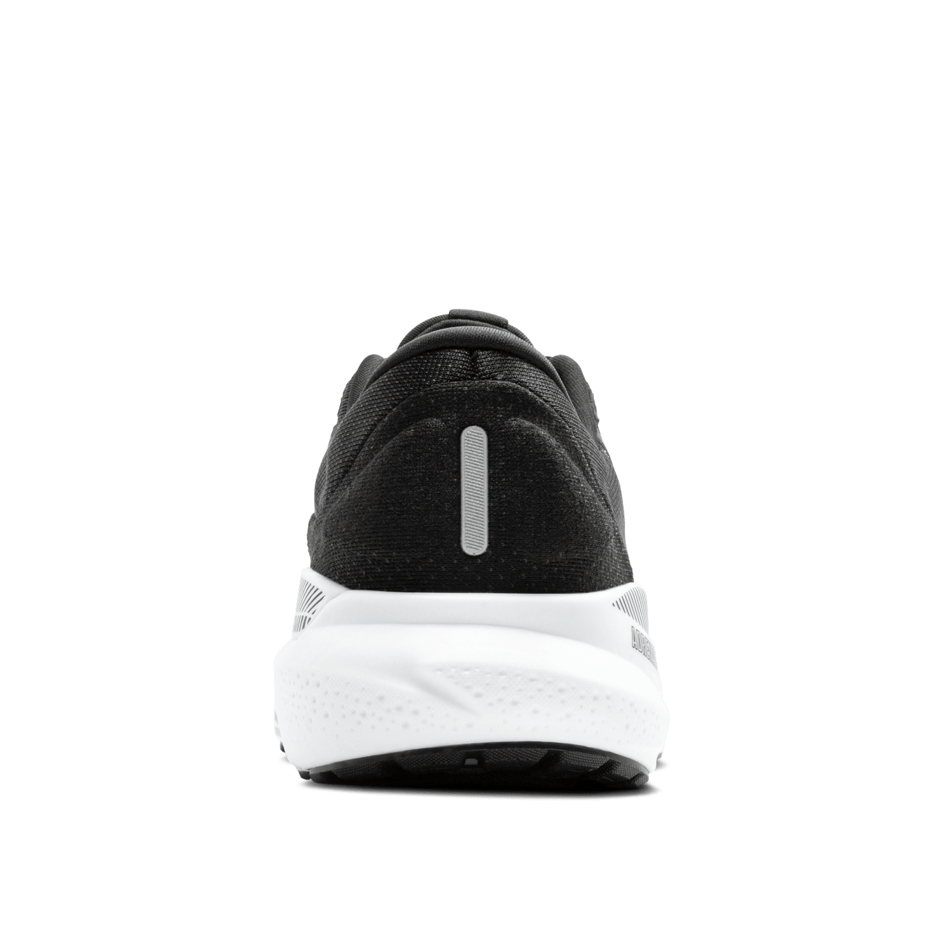Black running shoe with white sole on a transparent background