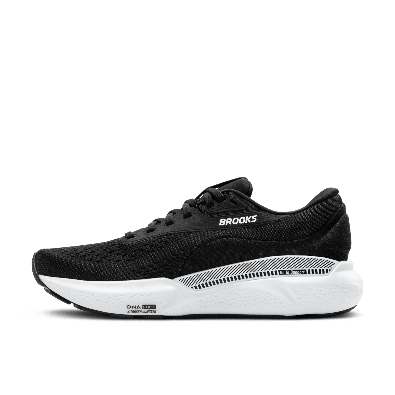 Black running shoe with white sole on a transparent background