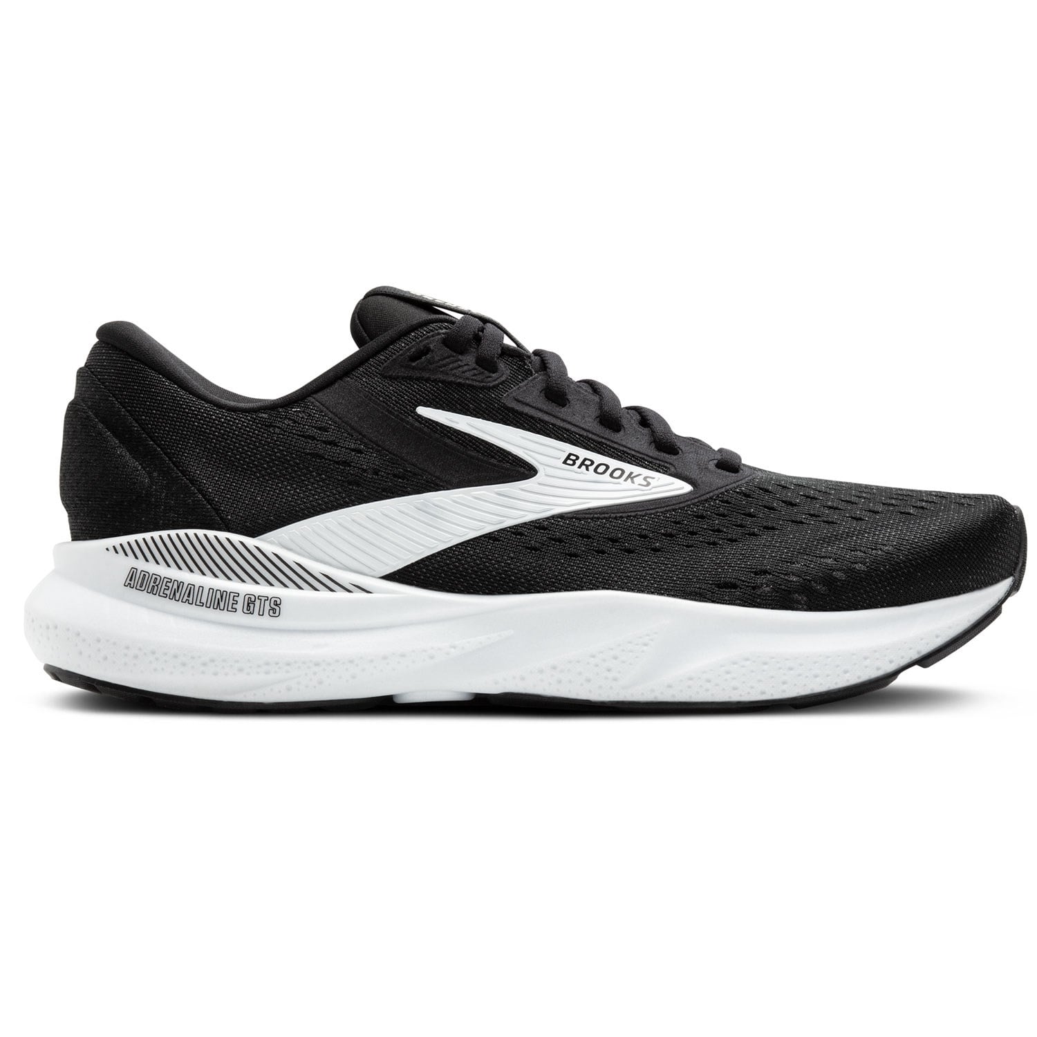 Black and white running shoe with 'Brooks' branding on a white background