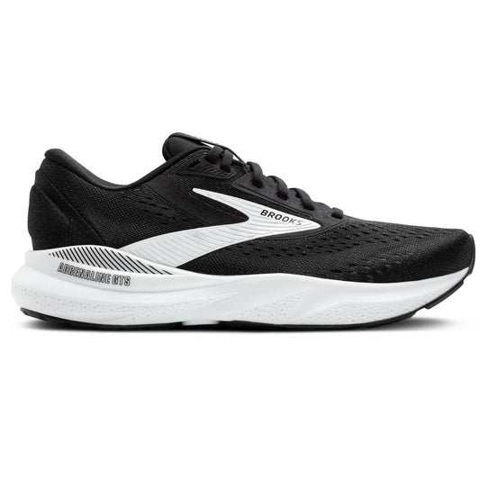 Black and white running shoe with 'Brooks' branding on a white background