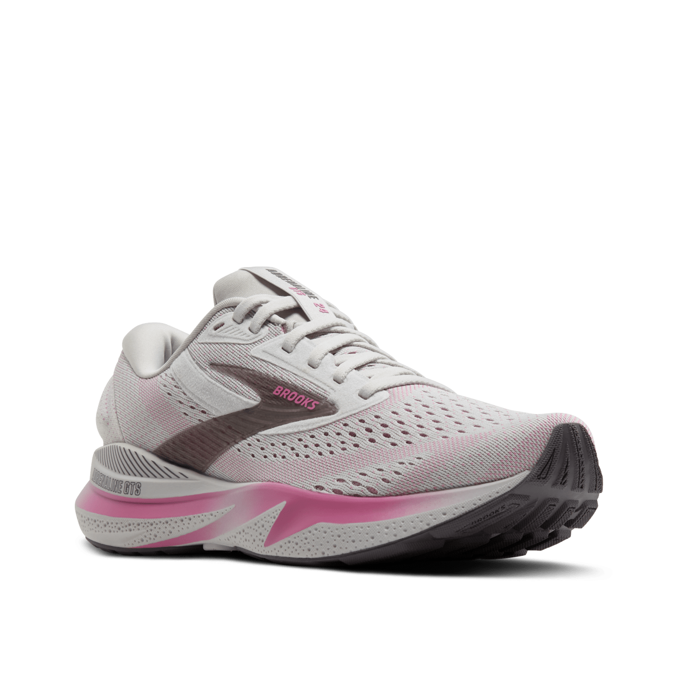 White and pink running shoe with 'Brooks' branding on a transparent background