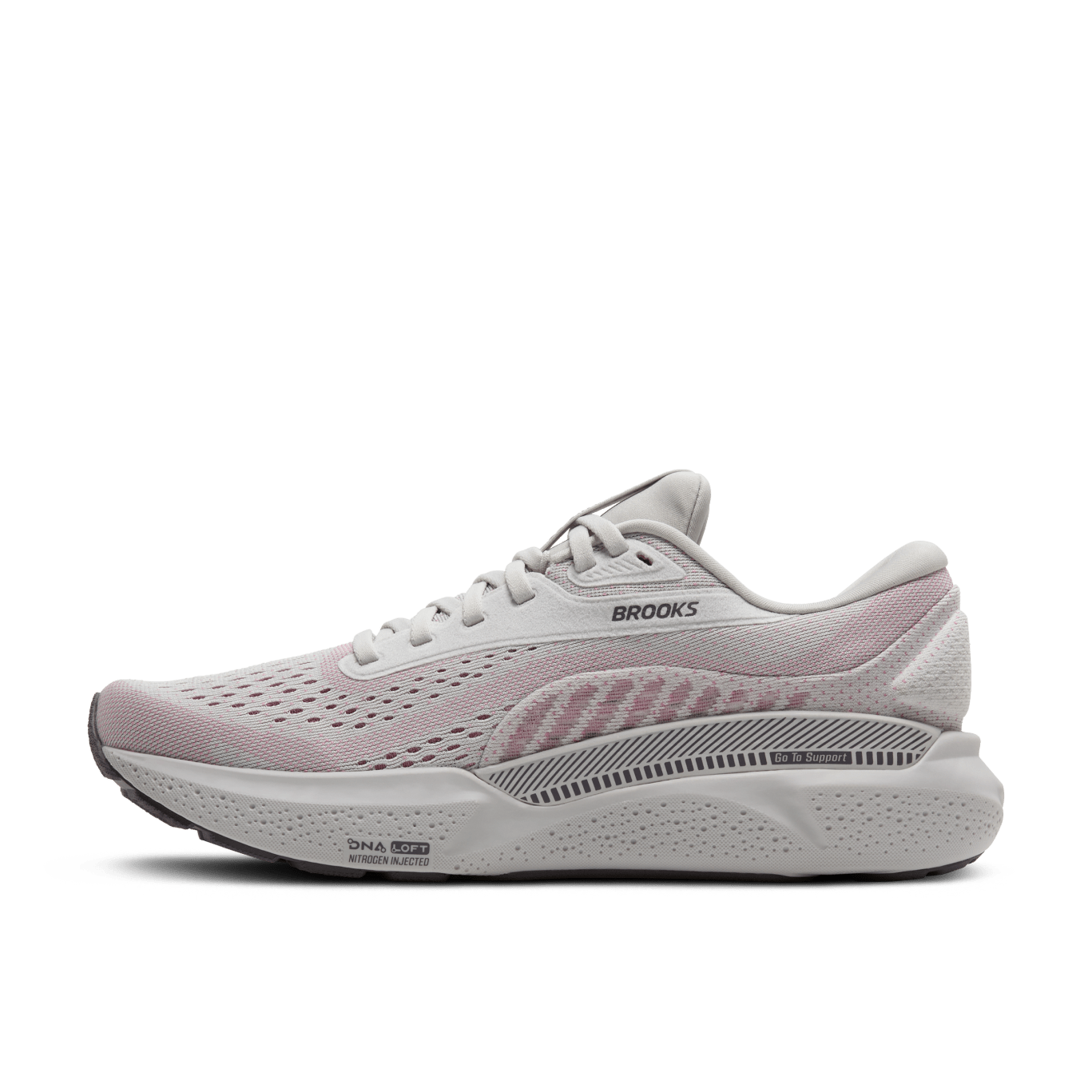 White running shoe with 'Brooks' branding on a transparent background