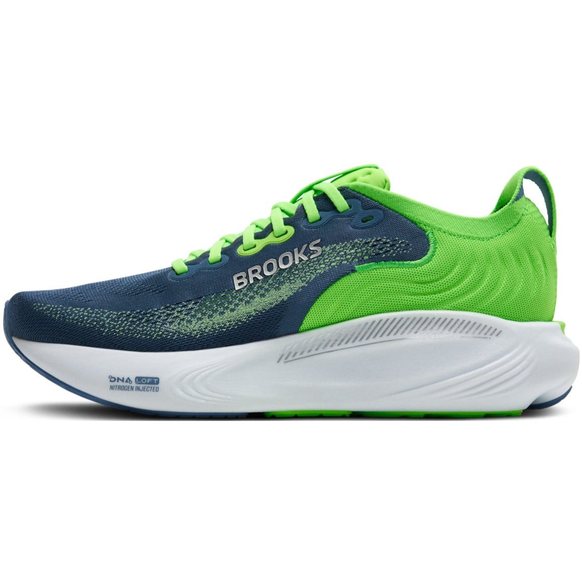 Blue and green running shoe with 'Brooks' branding on a white background