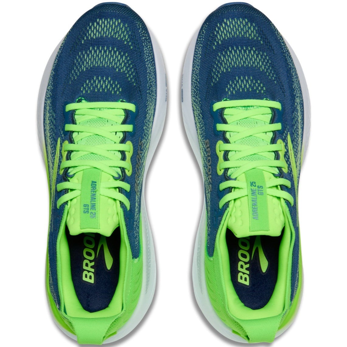 Blue and green running shoes with 'Brooks' branding on a white background