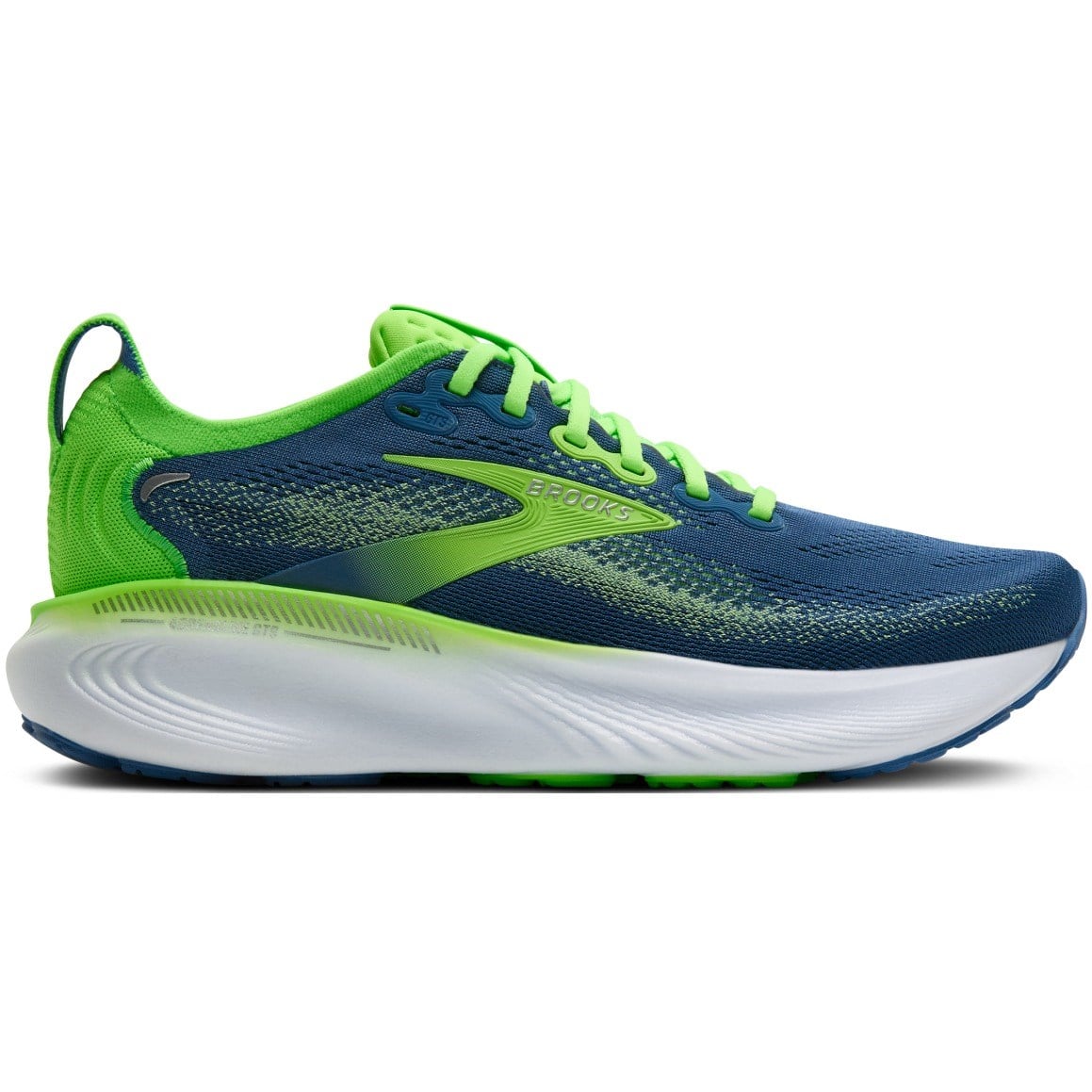 Blue and green running shoe on a white background