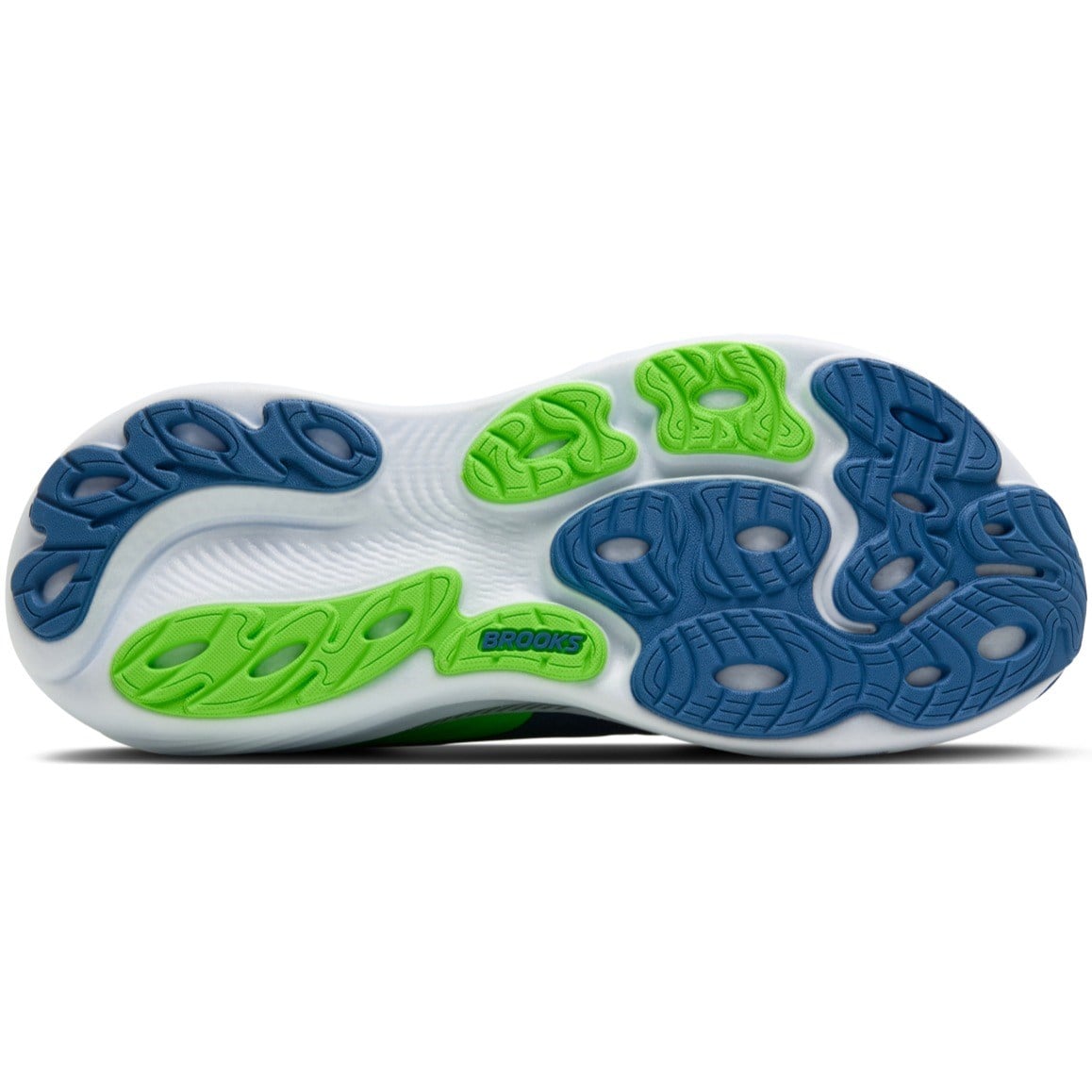 Close-up of a shoe sole with blue and green patterns on a white background