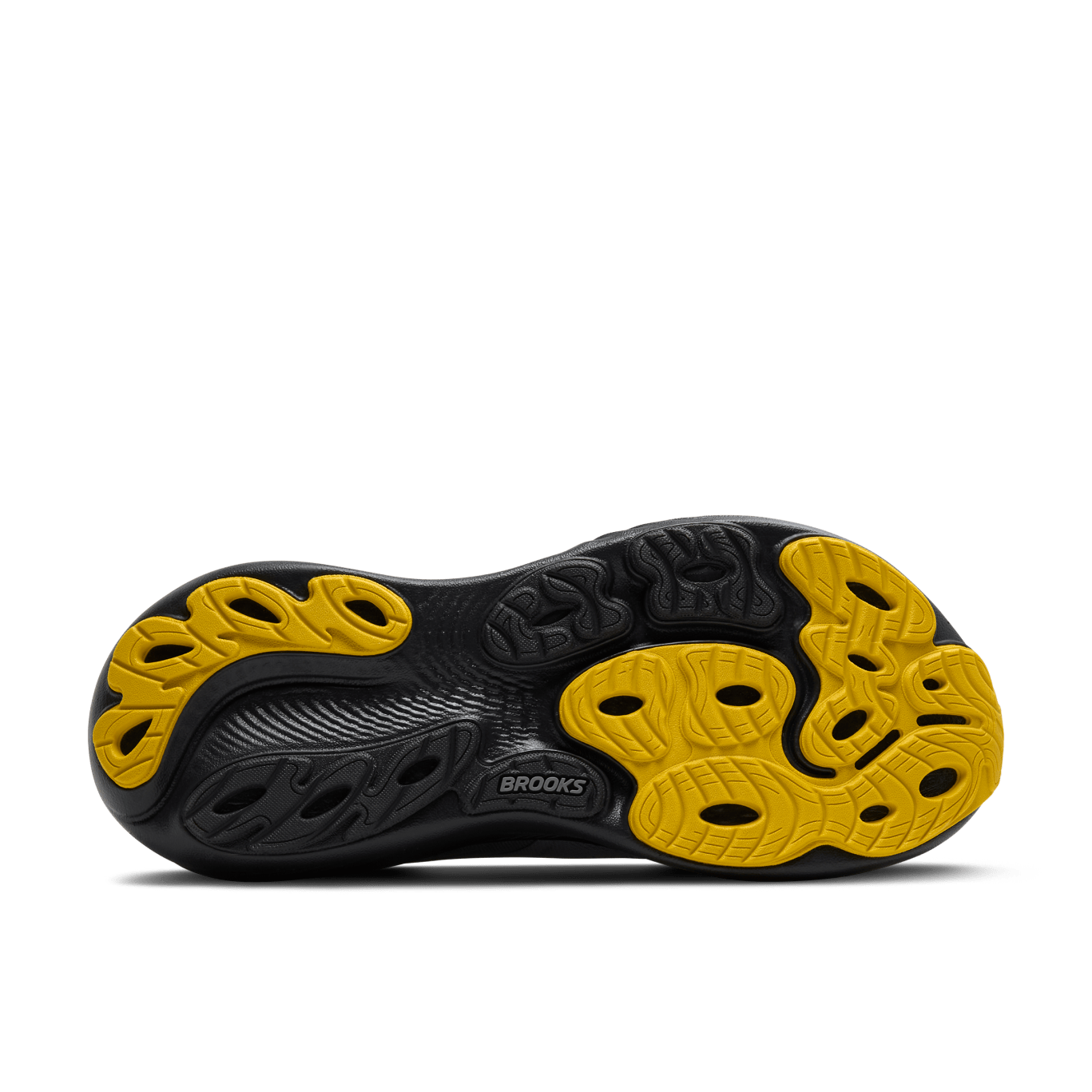 Black and yellow running shoe sole with 'Brooks' branding on a transparent background