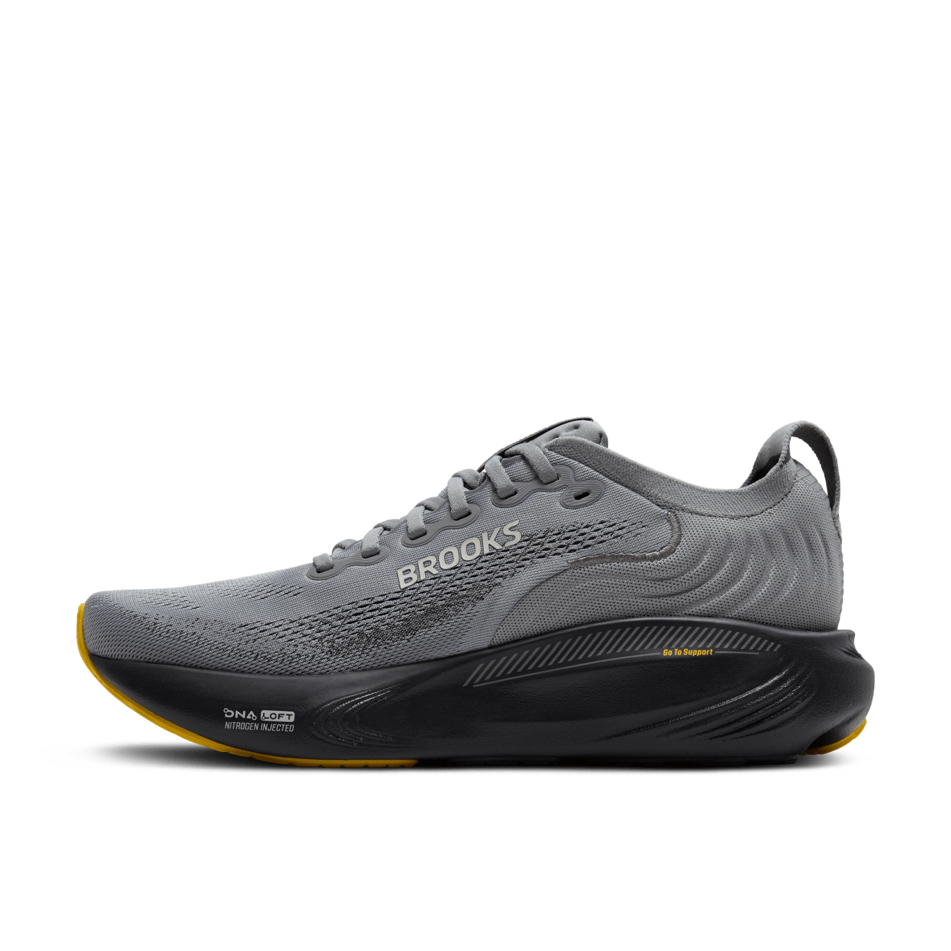 Gray running shoe with 'Brooks' branding on a transparent background