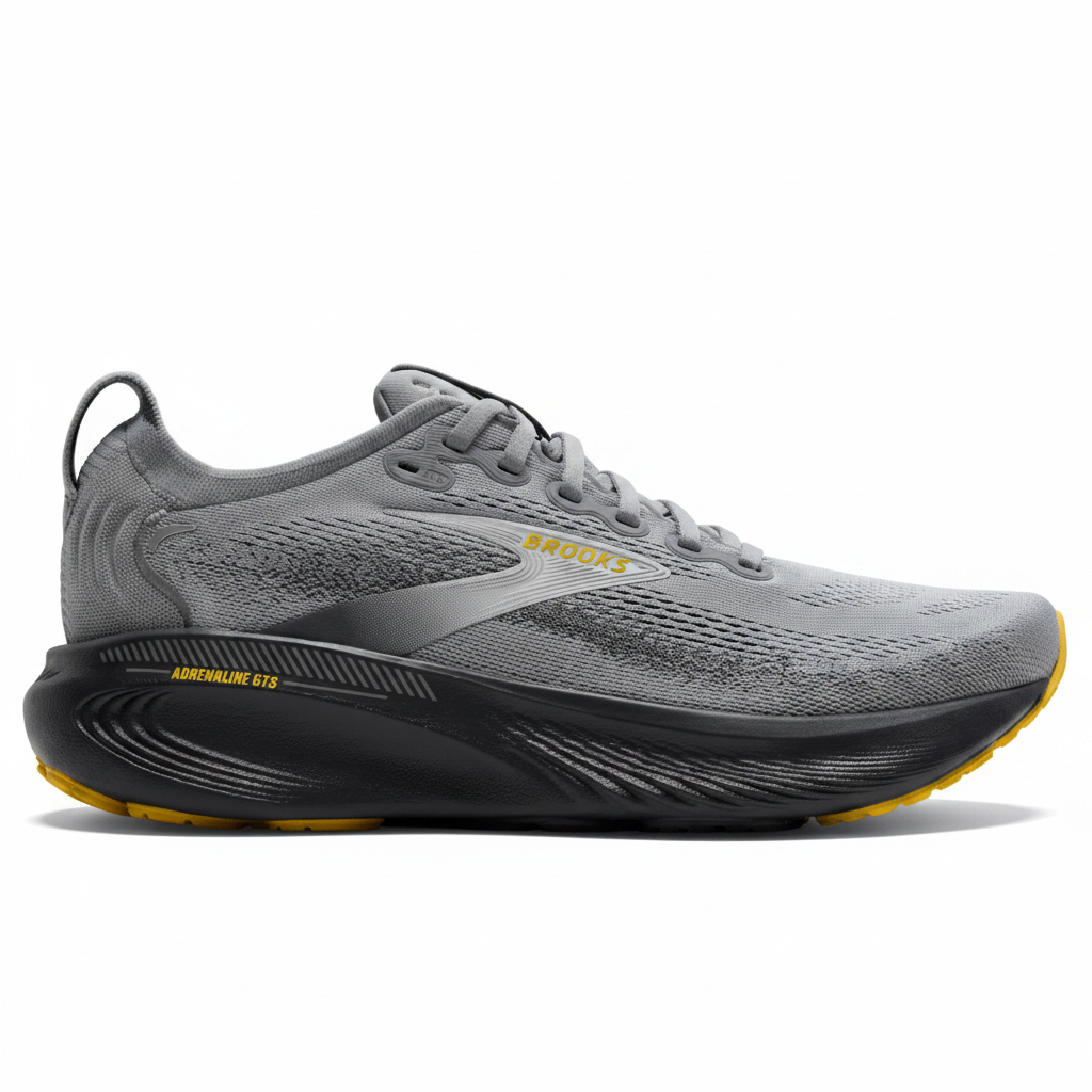 Gray running shoe with black sole on a white background