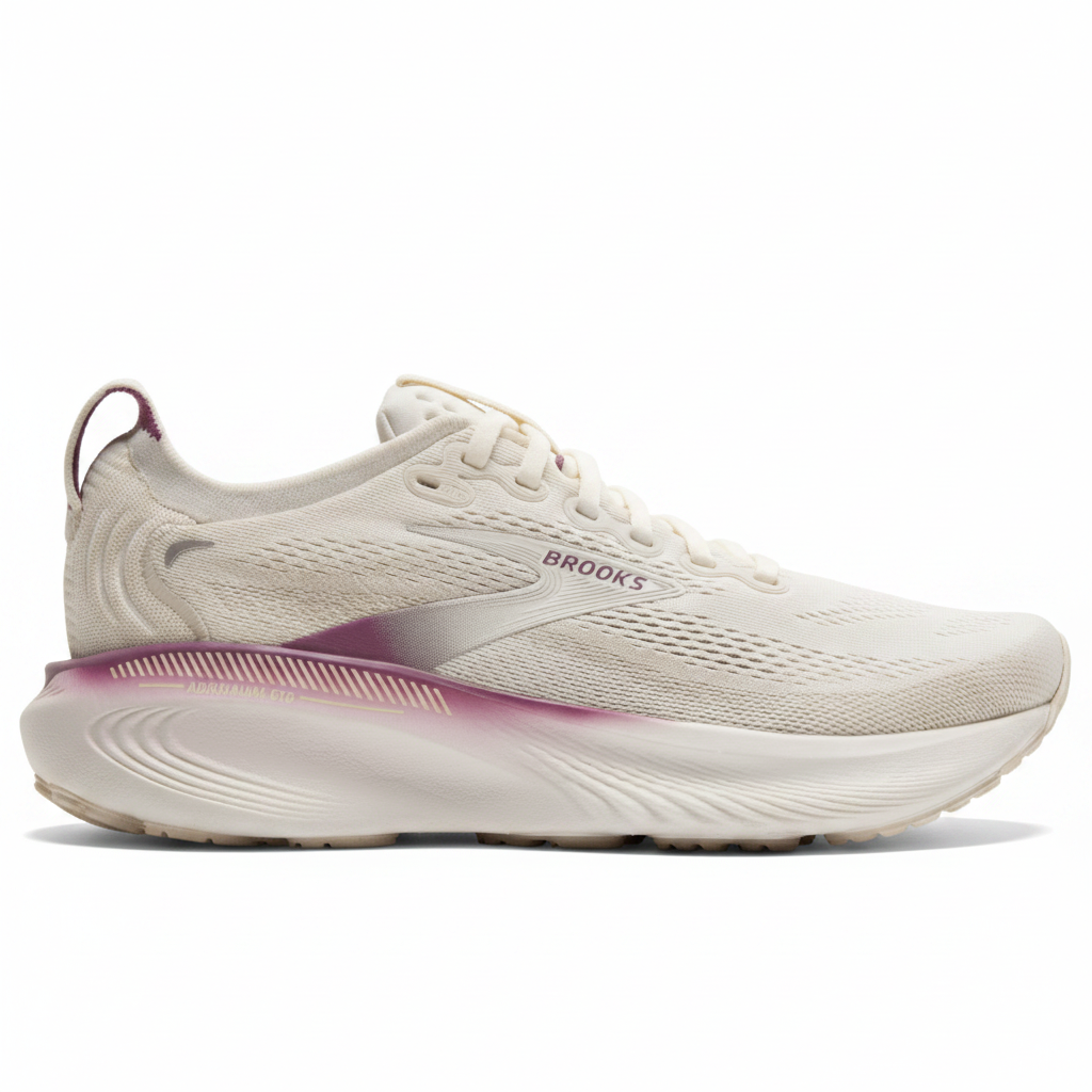 White running shoe with purple accents on a transparent background