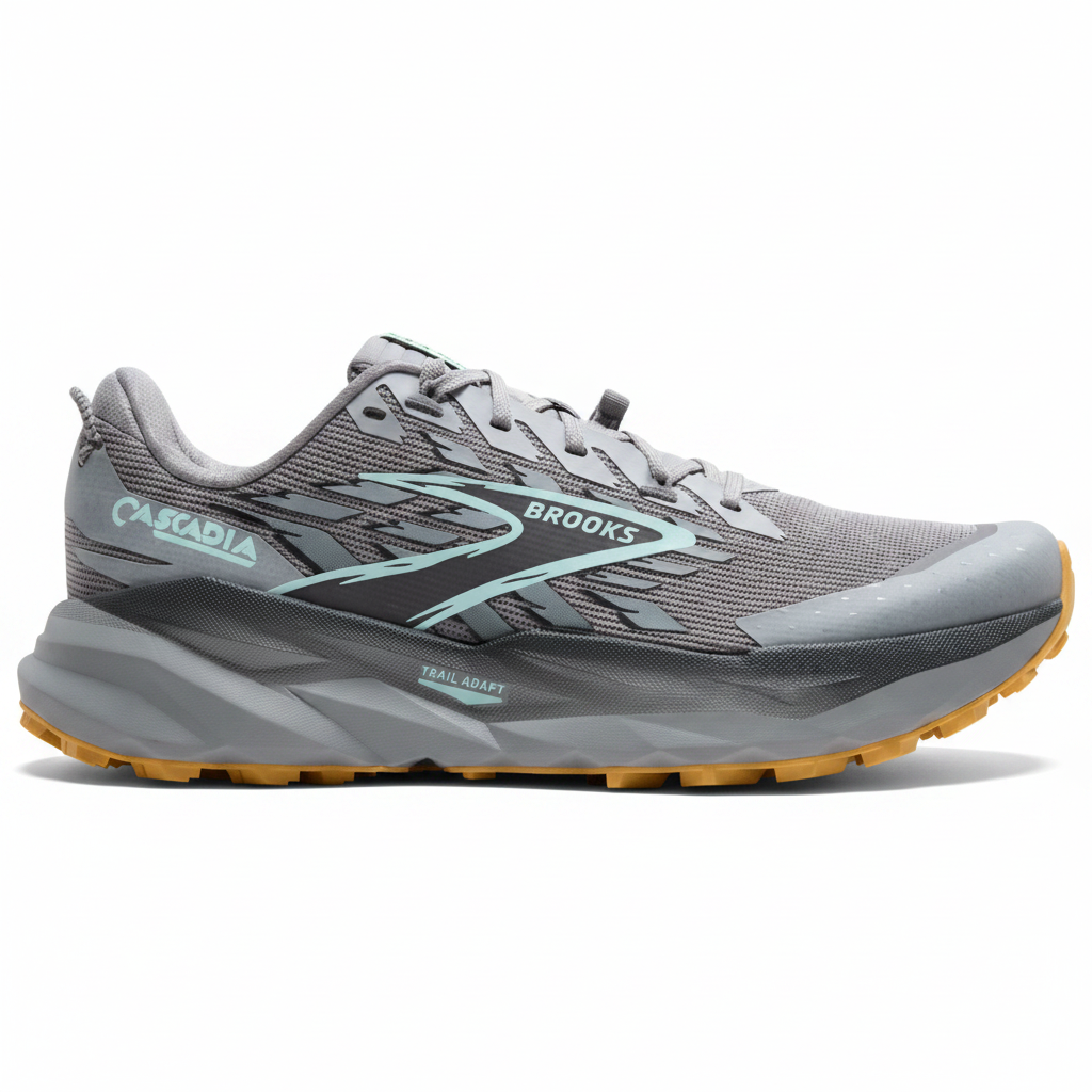 Gray running shoe with yellow sole on a white background