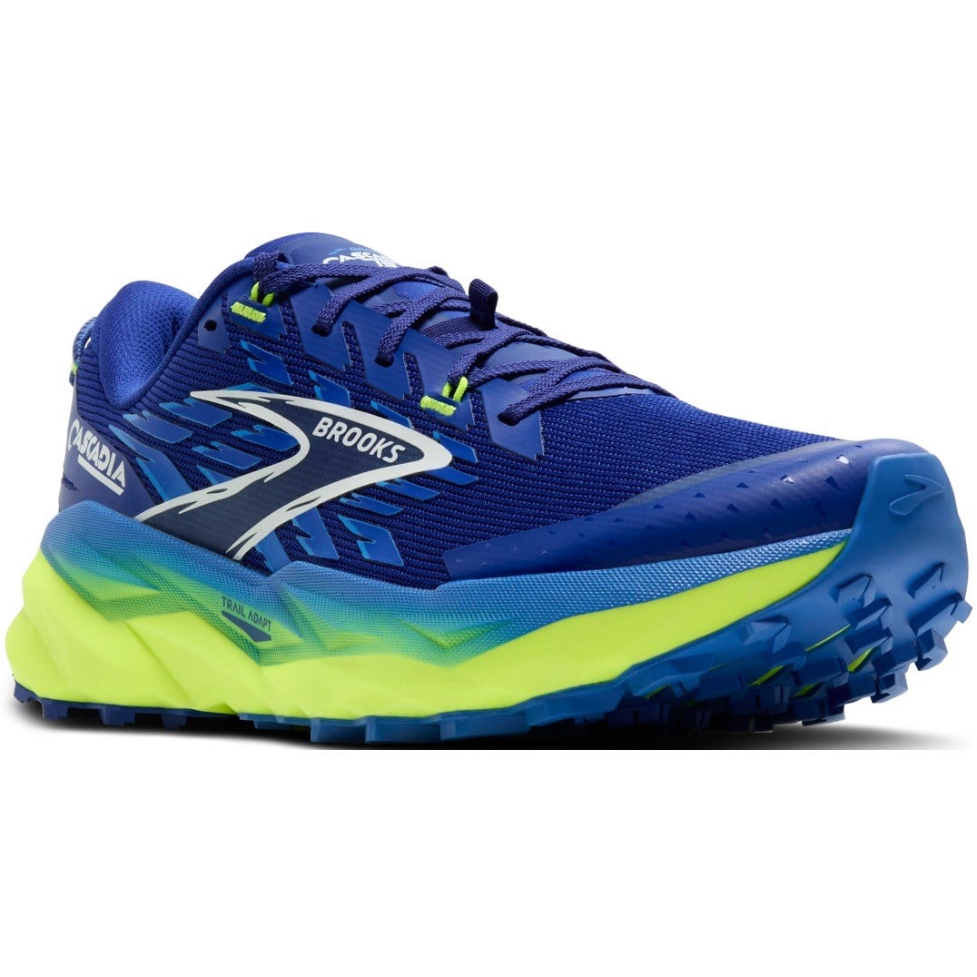 Blue and green running shoe with Brooks logo on a white background