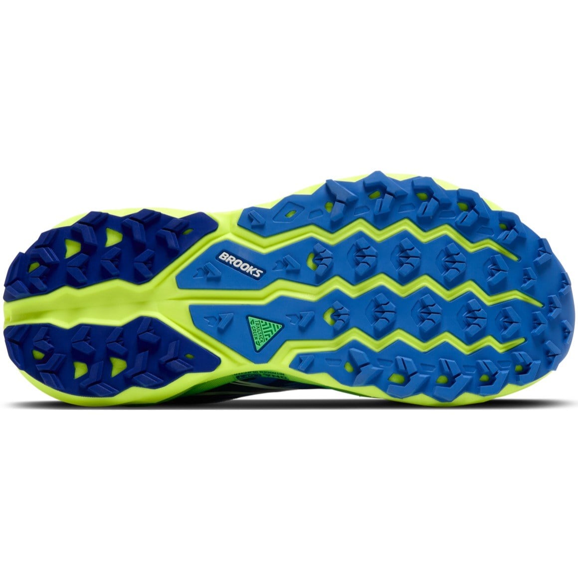 Close-up of a running shoe with blue and green sole on a white background