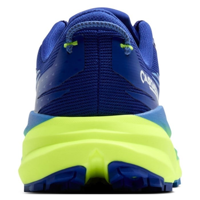 Blue and green running shoe with visible brand logo on a white background