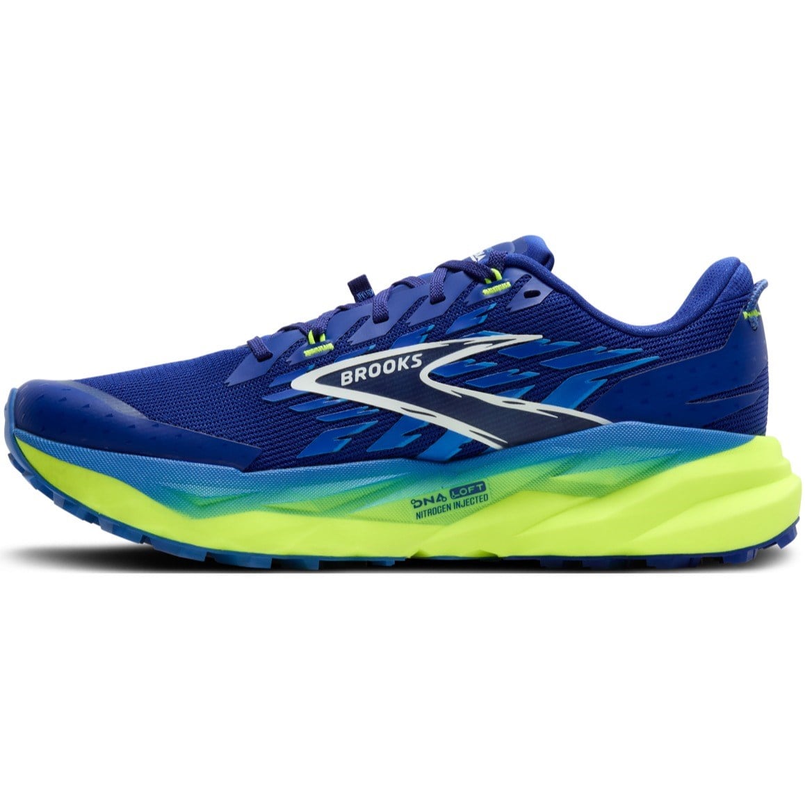 Blue and green running shoe with Brooks logo on a white background
