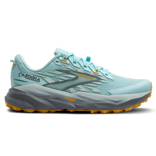 Light blue running shoe with gray sole on a white background
