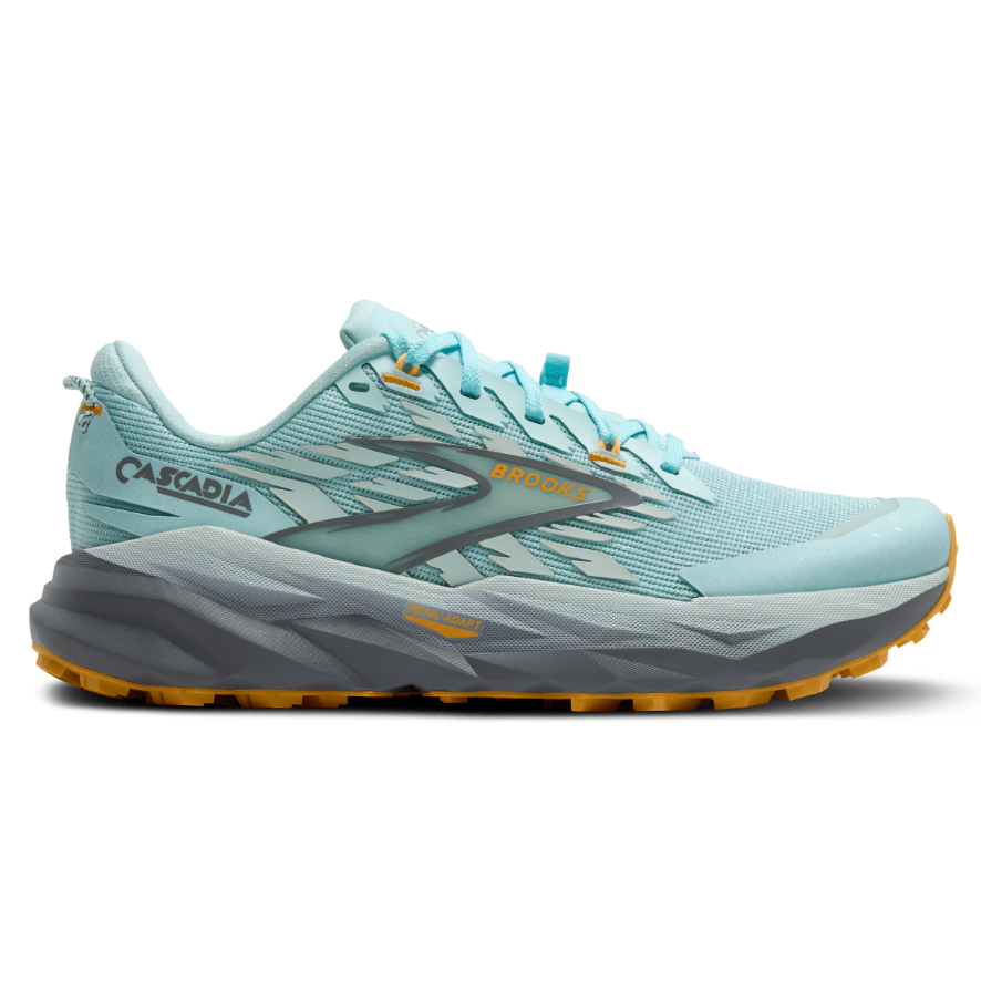 Light blue running shoe with gray sole on a white background