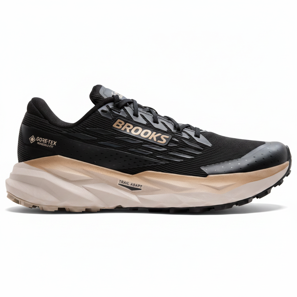 Black running shoe with 'Brooks' branding on a white background