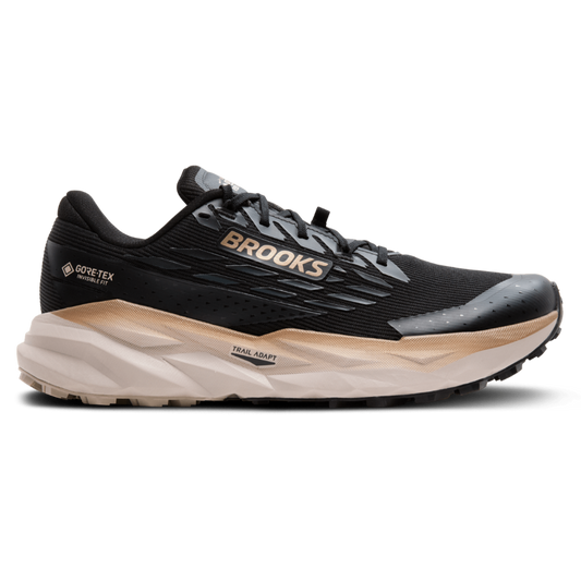 Black running shoe with 'Brooks' branding on a white background