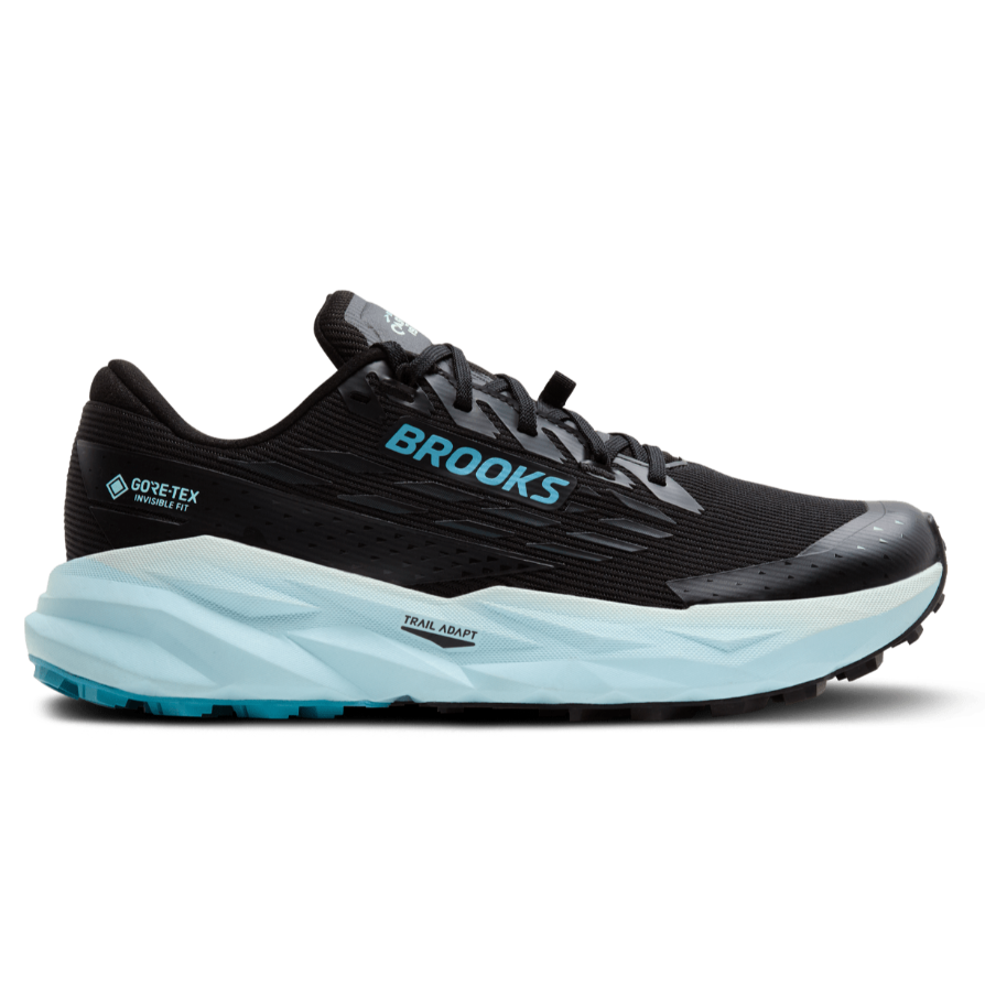 Black and blue running shoe with 'Brooks' branding on a white background