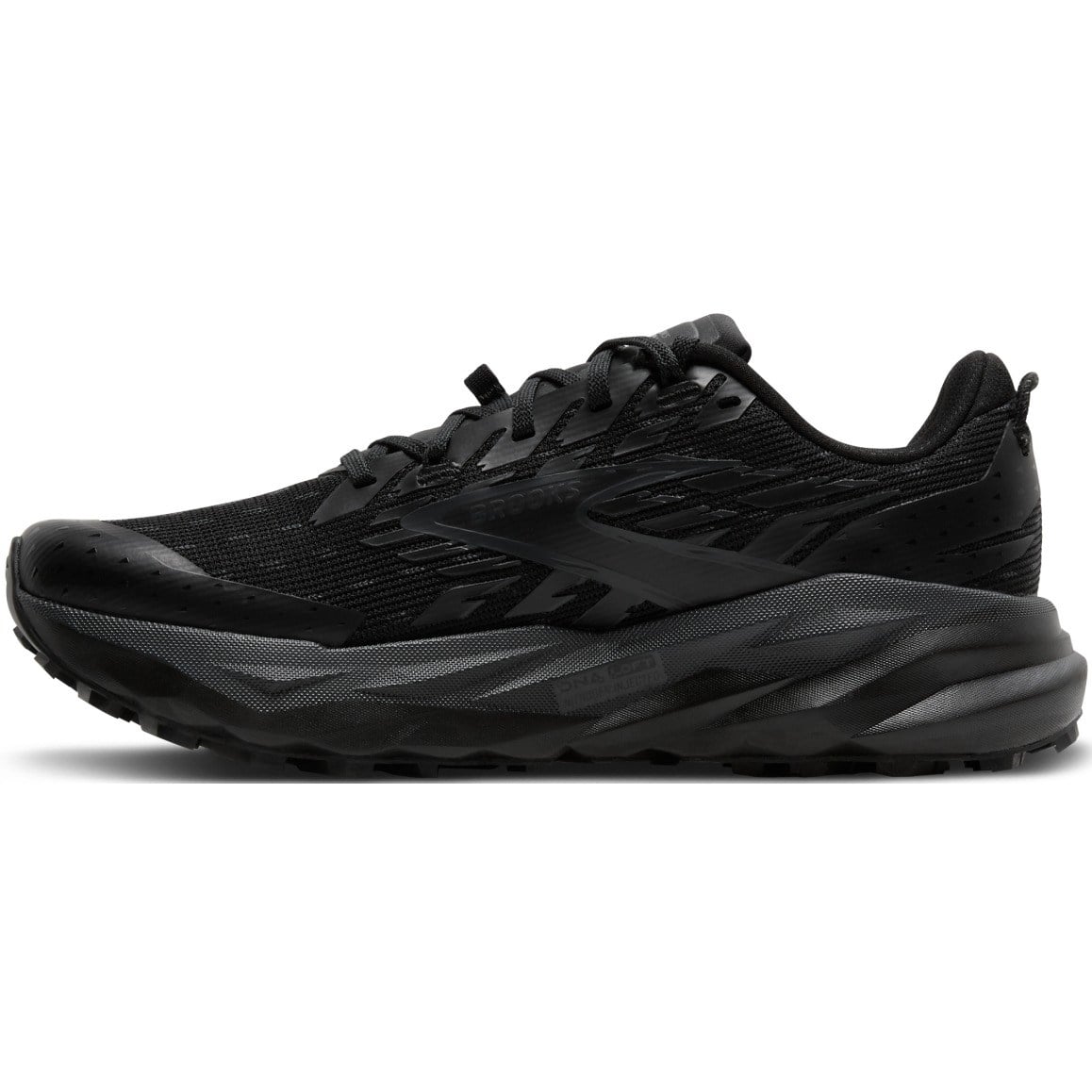 Black running shoes on a white background