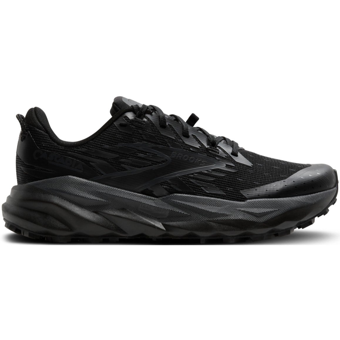 Black running shoe on a white background