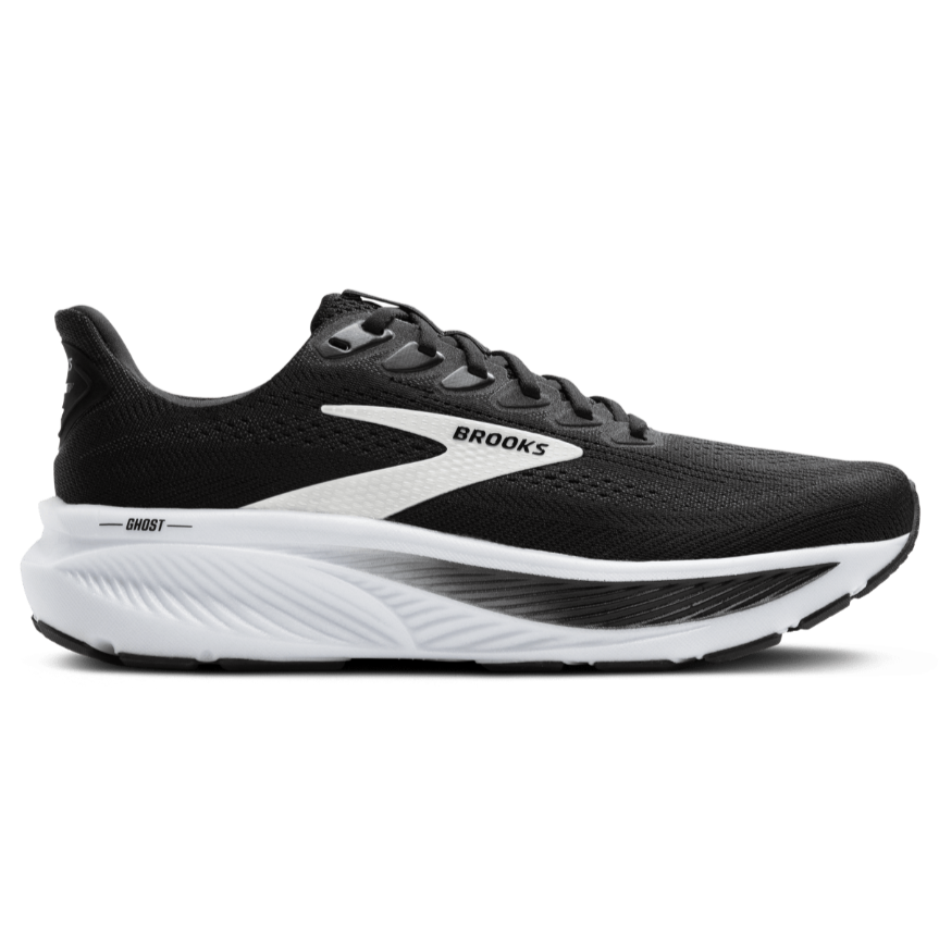 Black and white running shoe with 'Brooks' branding on a white background