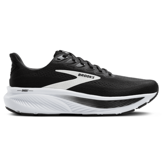 Black and white running shoe with 'Brooks' branding on a white background