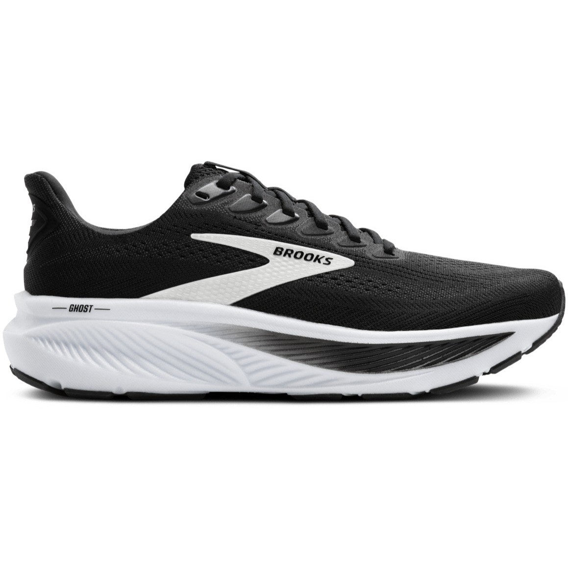 Black and white running shoe with 'Brooks' branding on a white background